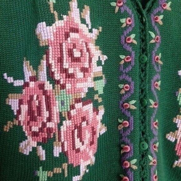Vintage WILLOW RIDGE Cardigan Sweater Rose Flower Embroidery Sz L - Picture 5 of 9